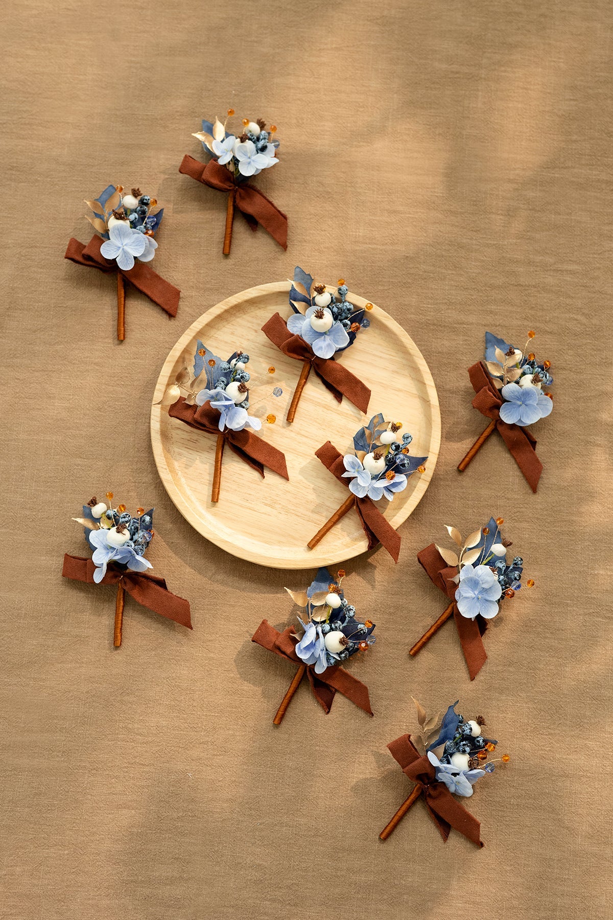 Boutonnieres for Guests in Russet Orange & Denim Blue