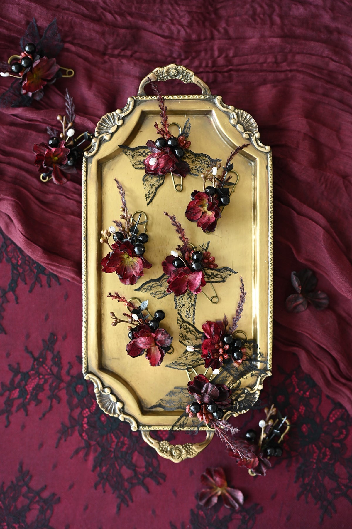 Boutonnieres for Guests in Moody Burgundy & Black