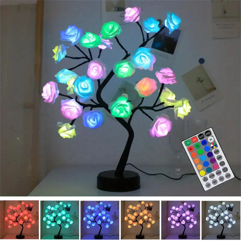 24 LED RGB 16 Colors Rose Tree Night Light Battery And USB Plug Operated Rose Flower Fairy Lights Remote Control