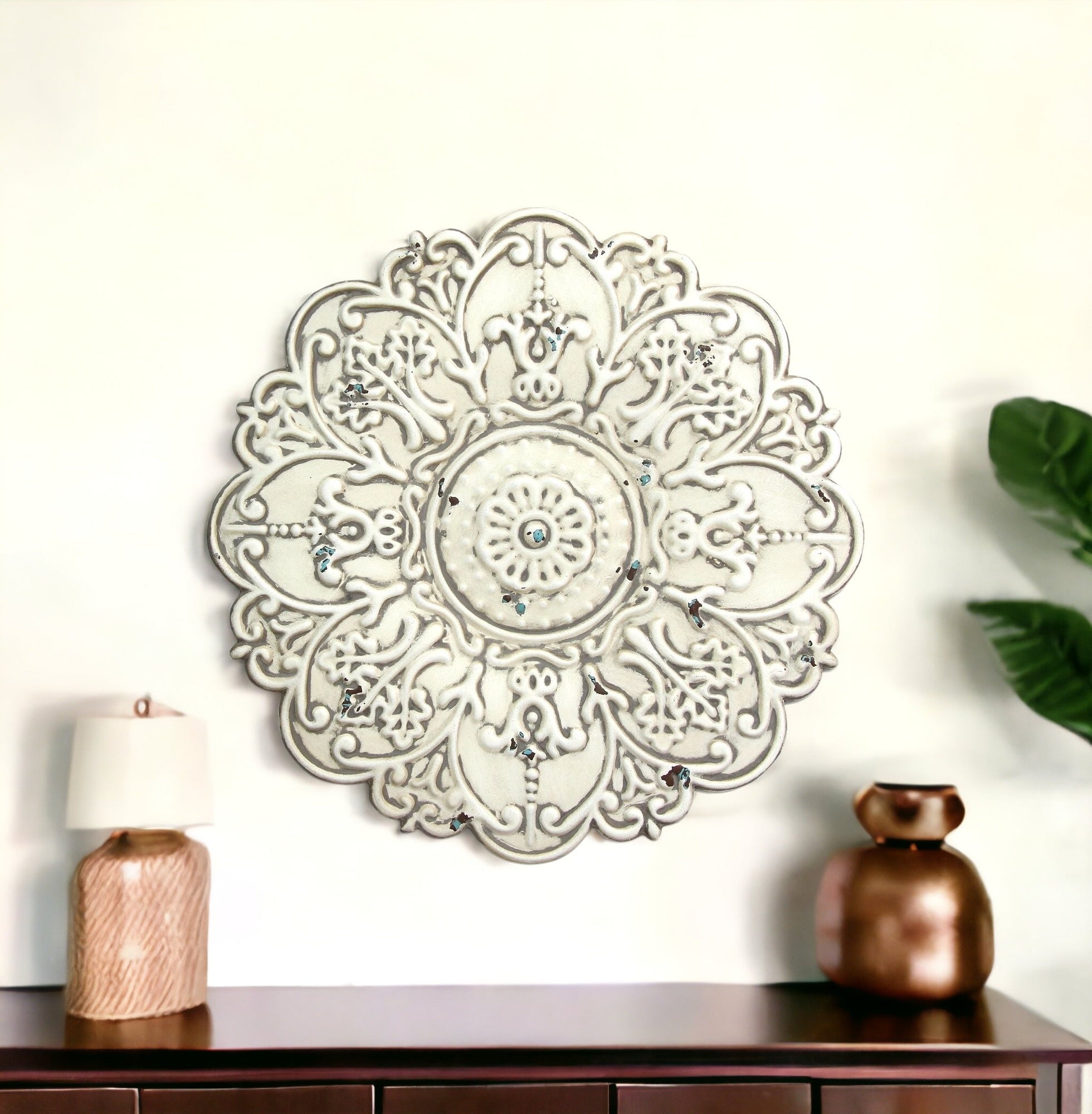 13" White Medallion Distressed Metal Wall Decor