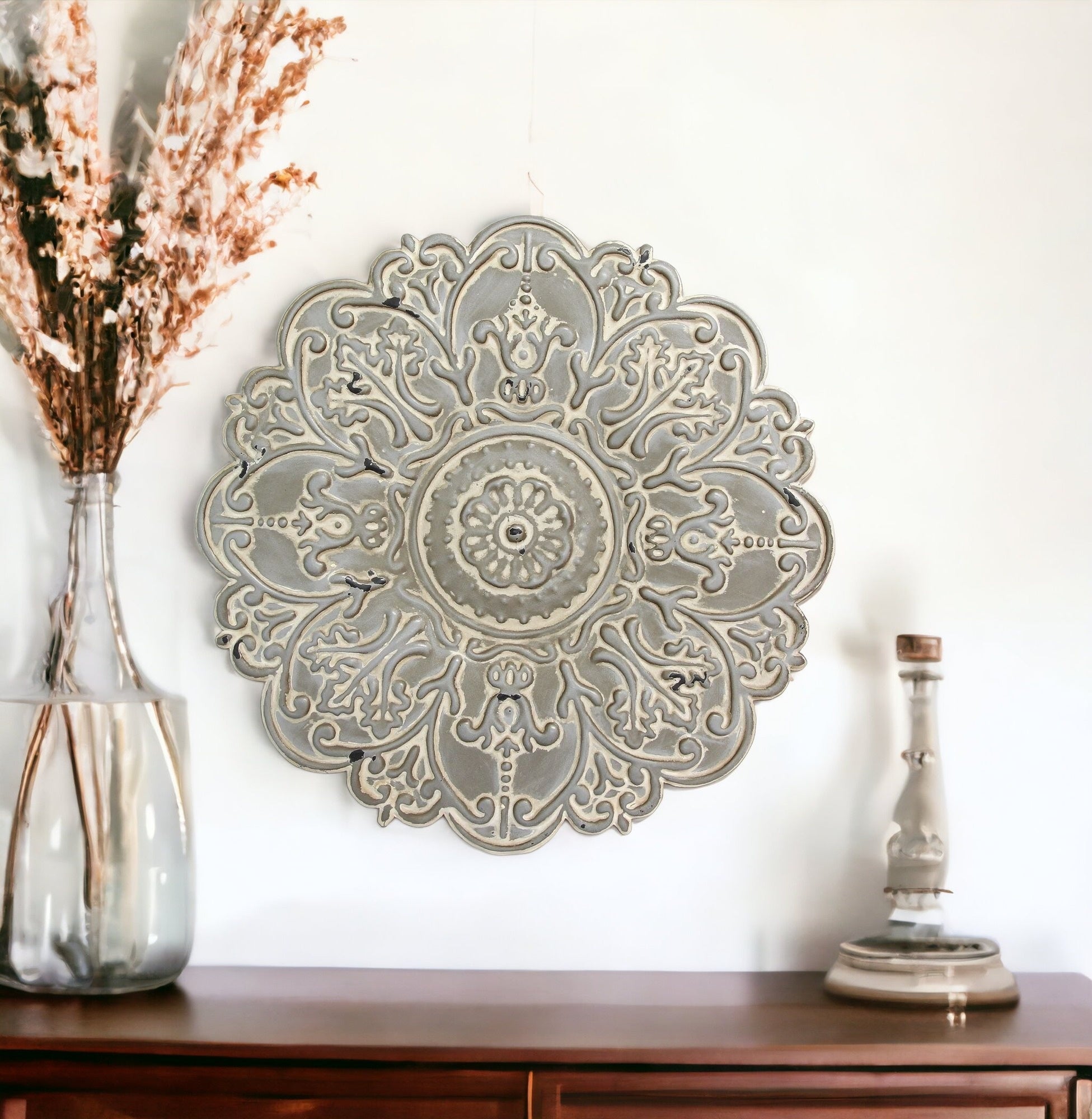 13" White Medallion Distressed Metal Wall Decor