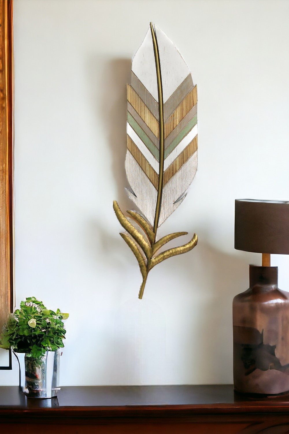 29" x 9" White and Gold Feather Wall Decor