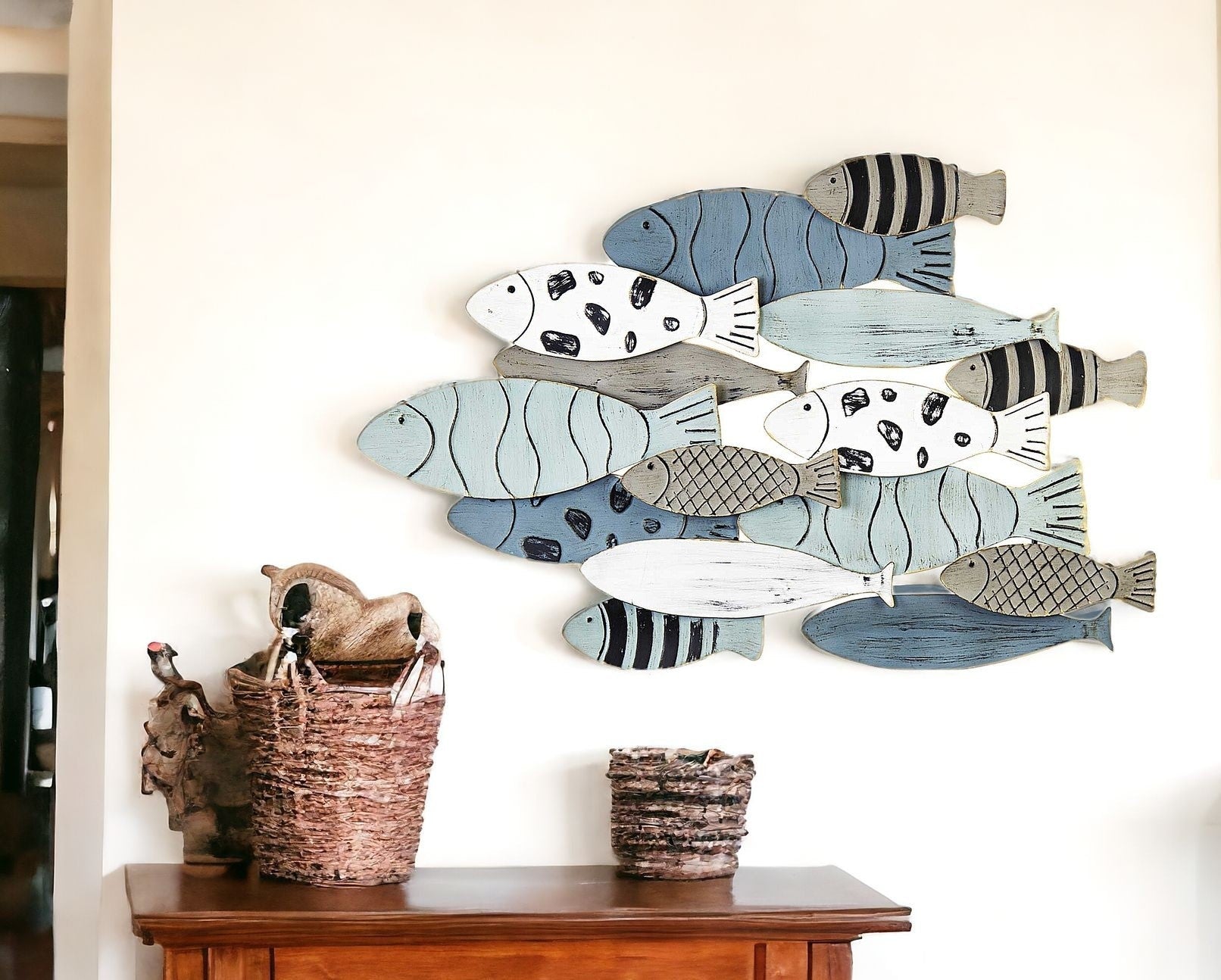 23" X 35" Distressed Blue and Beige Metal Fish Wall Decor