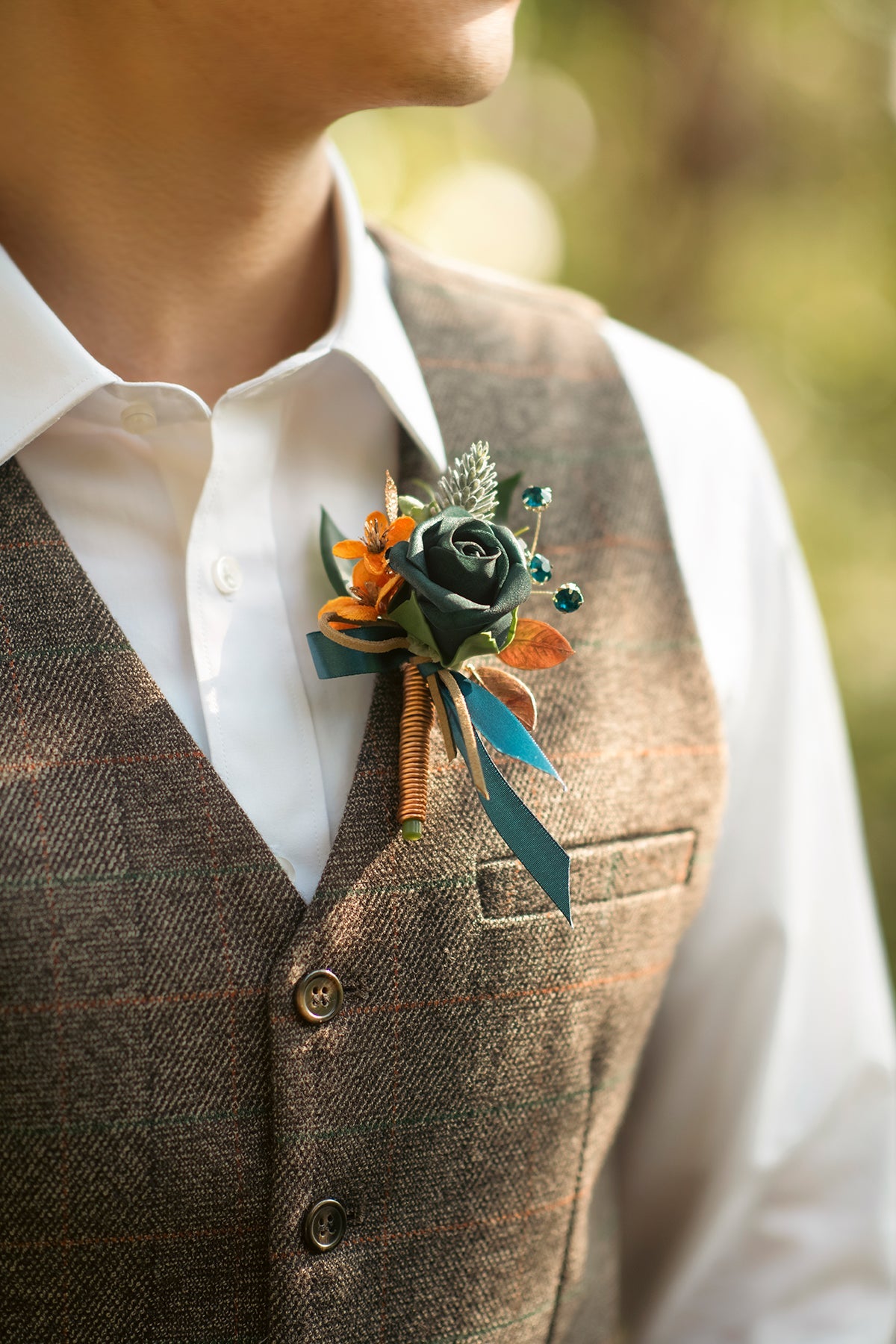 Boutonnieres in Dark Teal & Burnt Orange
