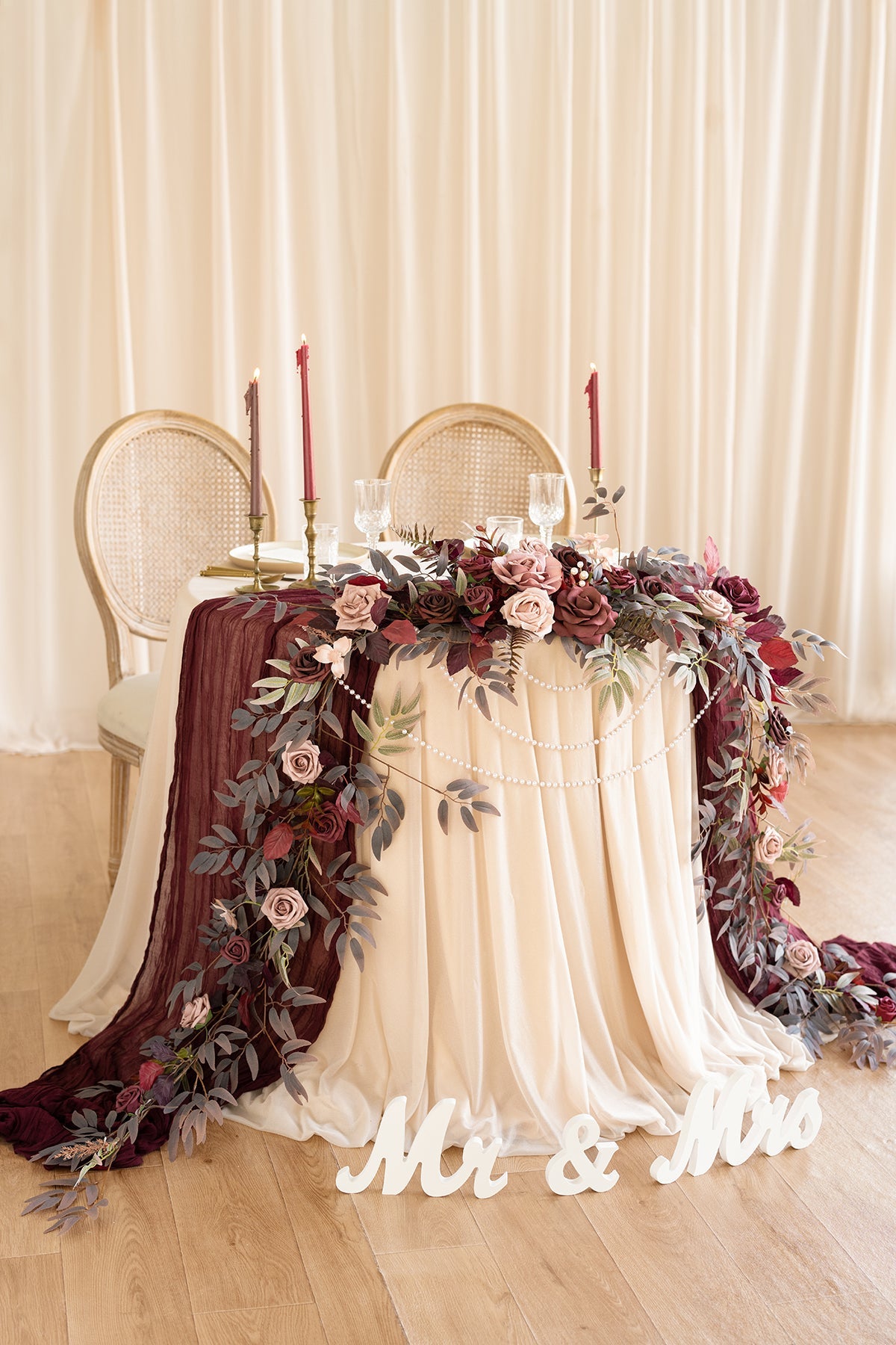 9ft Head Table Flower Garland in Burgundy & Dusty Rose