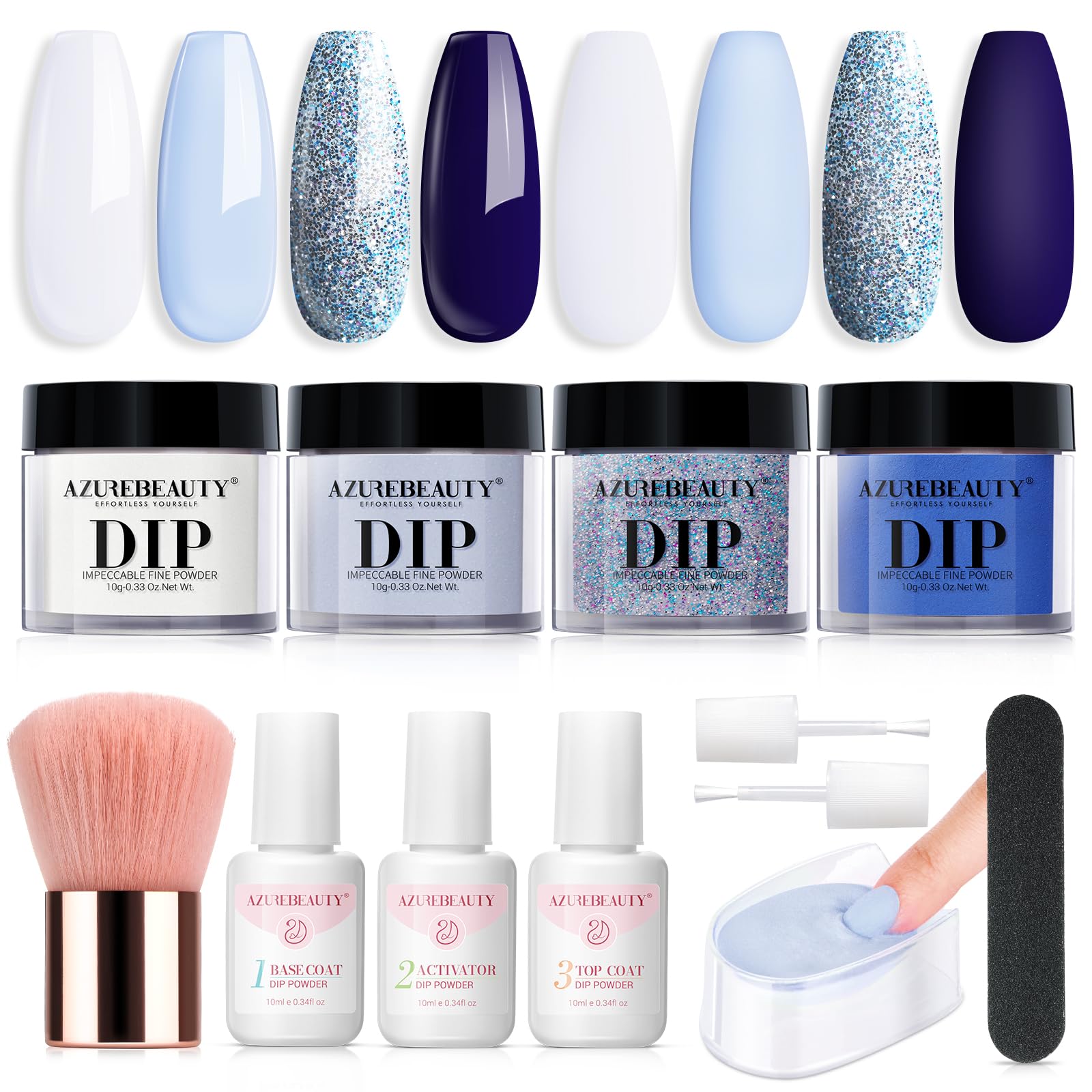 AZUREBEAUTY Christmas Dip Powder Nail Kit Starter, Fall Winter Glitter White Navy Blue 4 Colors Acrylic Dip Powder Liquid Set Base & Top Coat Activator for French Nail Art Manicure Gift