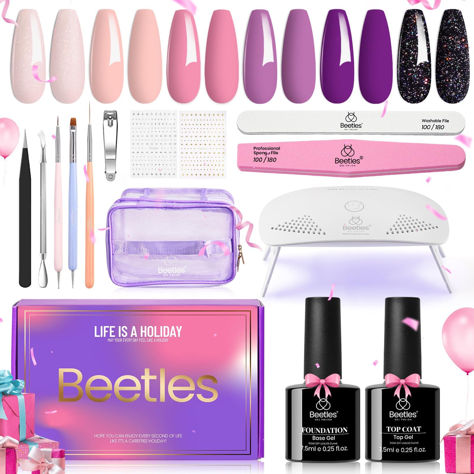 Beetles Gel Nail Polish Kit with Portable Led Nail Lamp 20Pcs 6 Colors Valentine Pink Purple Gel Polish Starter Kit Glitter Gel Nail Polish Spring Nail Decoration Valentine Gift Salon DIY Home