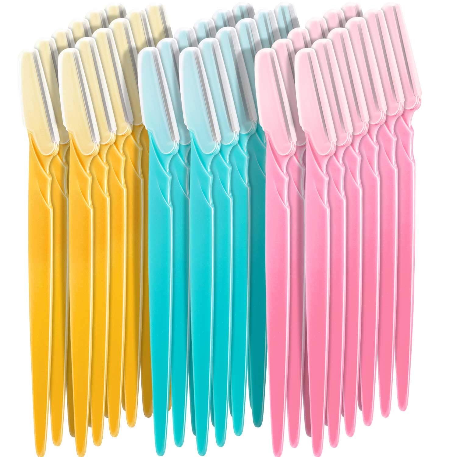 60 Pieces Eyebrow Razor Women Twinkle Face Brow Razors Shaver Dermaplaning Tool Shaper Trimmer with Precision Cover (Pink, Blue, Yellow)