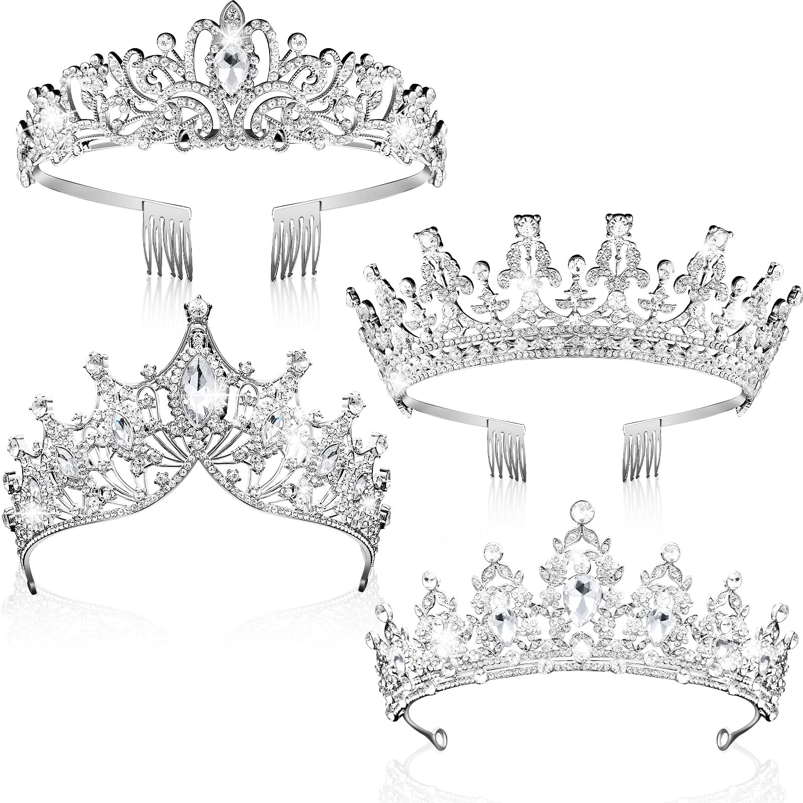4 Pack Queen Crowns for Women Pageant Crown with Combs Princess Crown for Girls Crystal Rhinestones Tiara Headband Tiara Comb Tiara for Women Comb Birthday Cosplay Wedding（Silver）