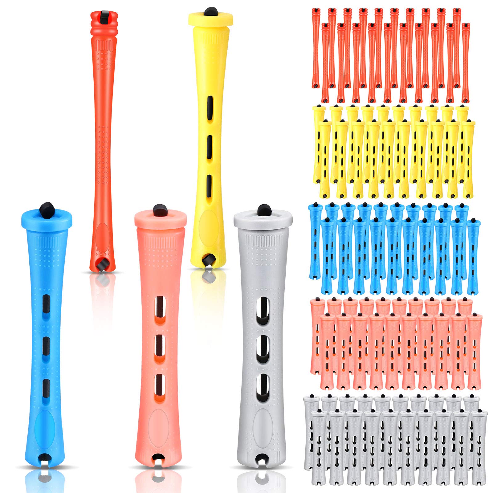 100 Pieces Hair Perm Rods Non-Slip Hair Rollers Plastic Cold Wave Perming Rods with Elastic Rubber Band Short Curlers Rod for Hairdressing Styling (Multi-color,Multi-size)