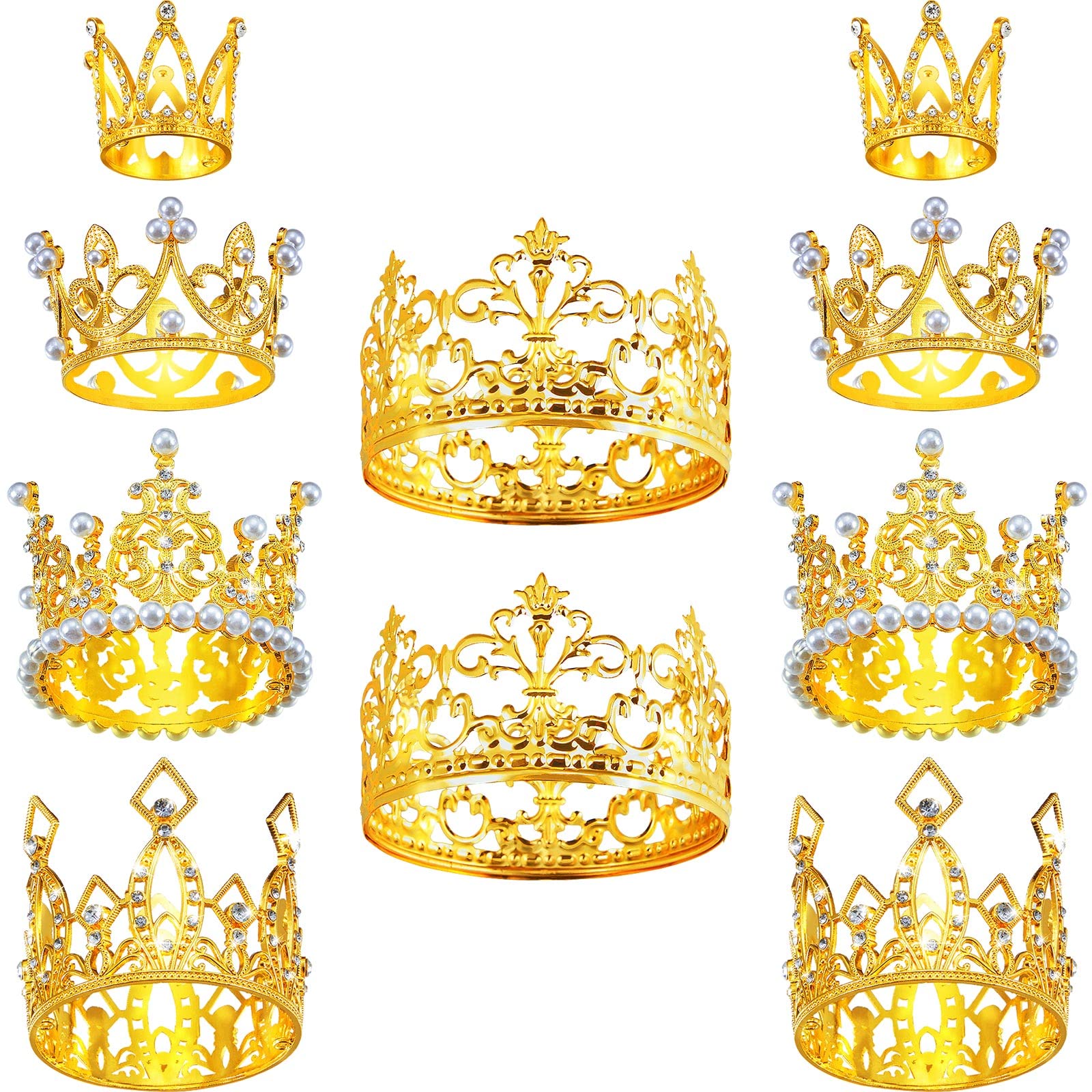 10 Pieces Crown Cake Topper Birthday Mini Crown Pearl Crystal Tiara Vintage Small Crowns Metal Crown Decorations for Boys Girls Wedding Birthday Baby Shower Party, 5 Styles (Gold)