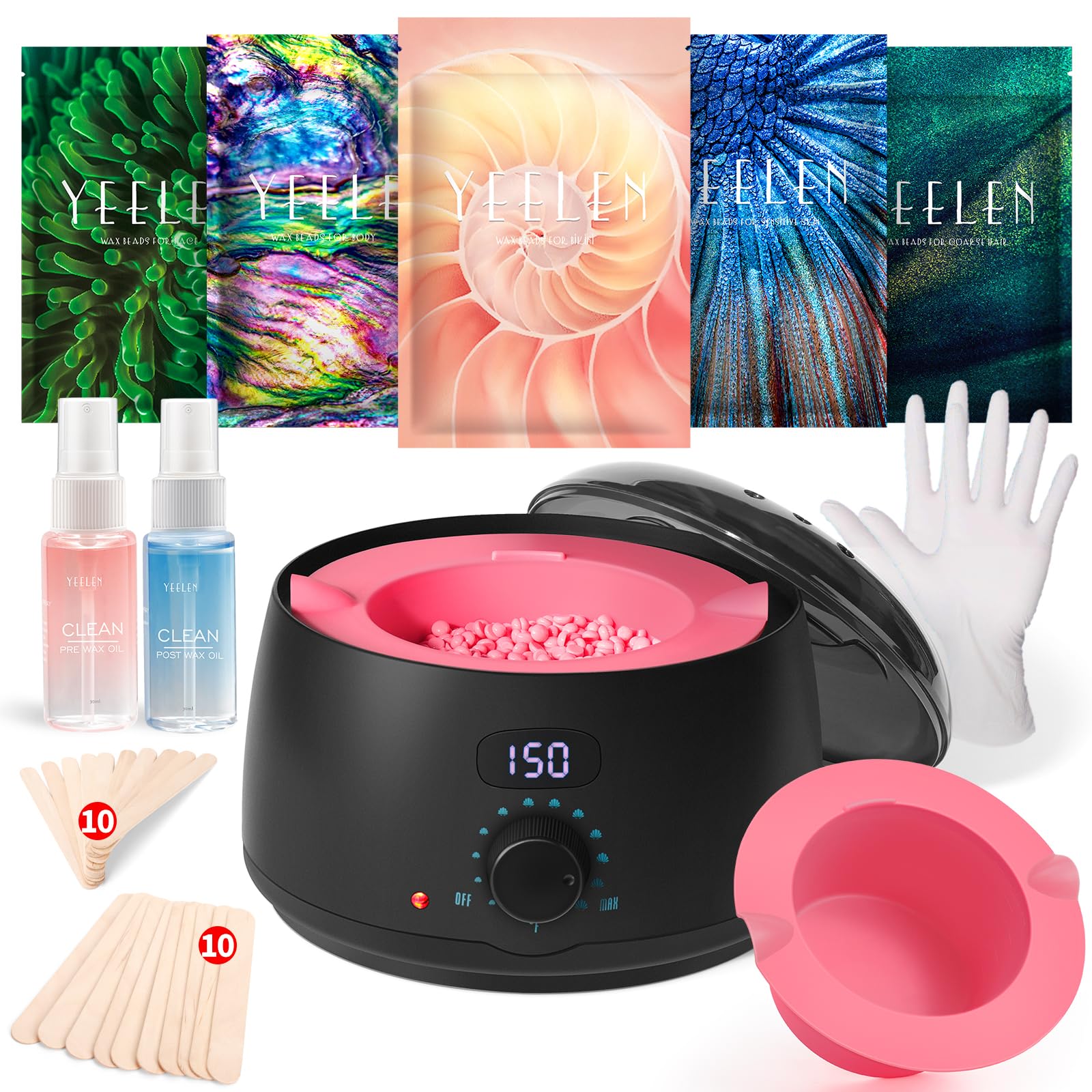 Premium At-Home Waxing Kit for Women: Yeelen Wax Kit with 5 Packs Hard Wax Beads Digital Wax Warmer for Hair Removal - Ideal for Brazilian Facial Body Eyebrow Bikini Leg & Sensitive Skin