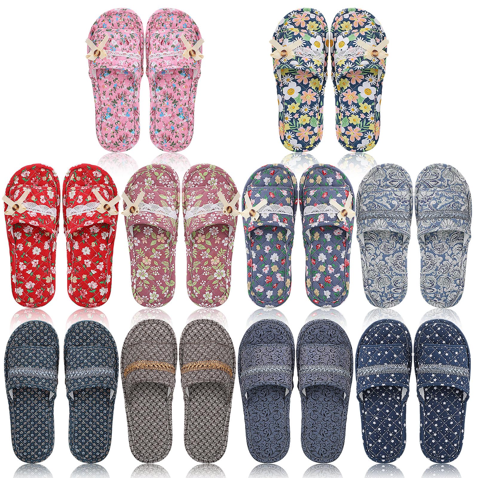 Chuarry 10 Pairs Floral House Slippers for Guest Women Washable Indoor Open Toe Slippers Comfortable Soft Cotton Linen Slippers Portable Foldable Slippers for Hotel Travel Airplane Spa, 2 Sizes