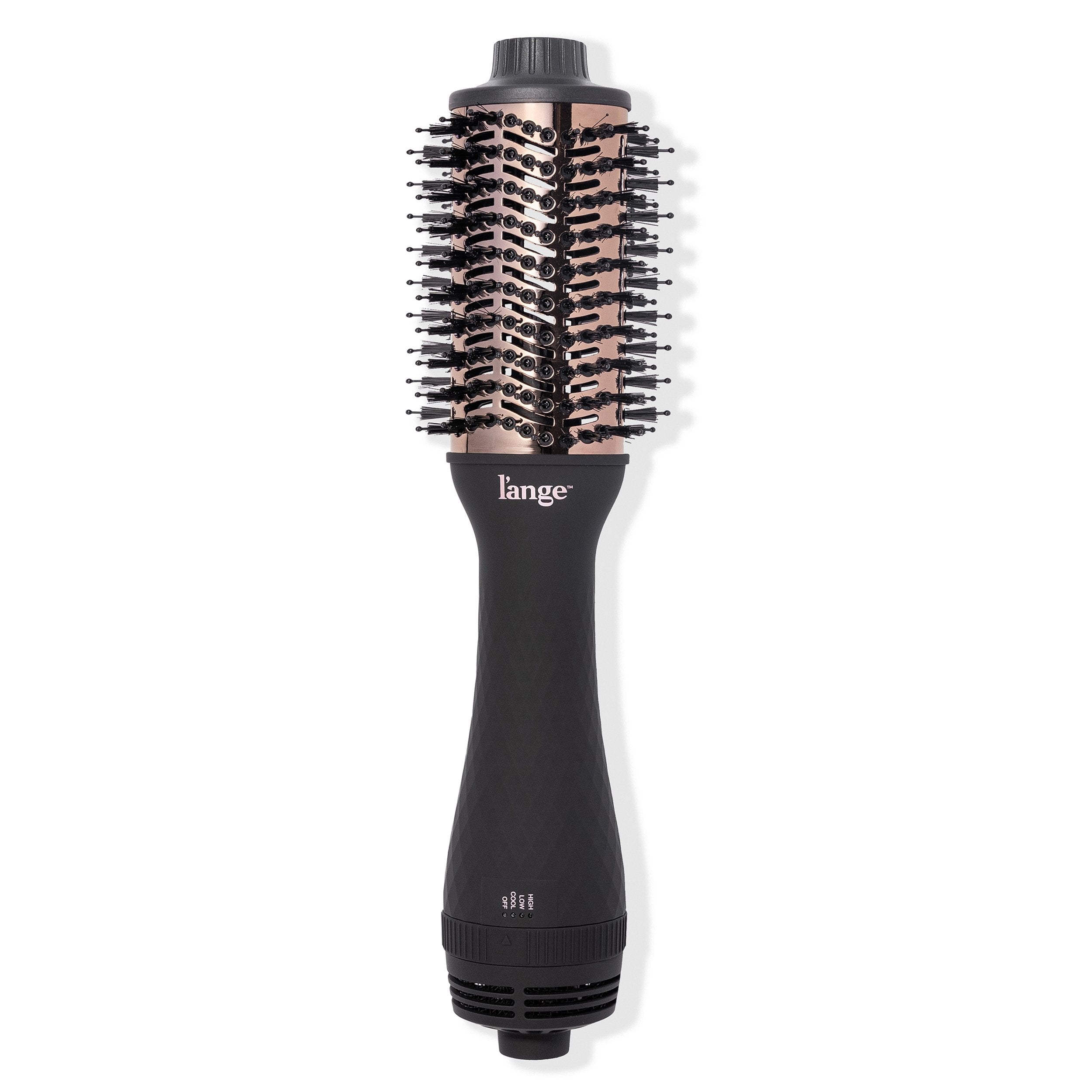 Black 60mm titanium brush dryer with black bristles, cool tip with blush LĄŻange logo