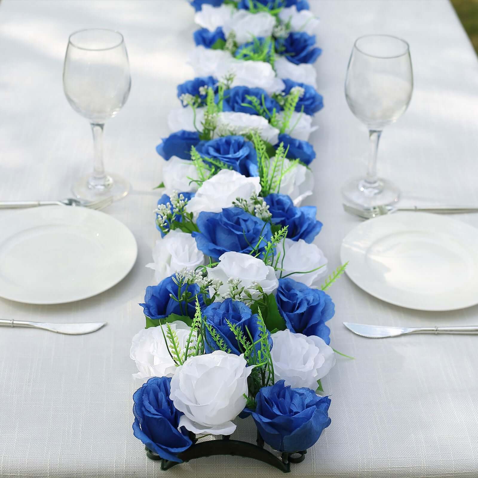 6 Pack White Royal Blue Silk Rose Flower Panel Table Runner, Artificial Floral Arrangements Dining Table Decor - 20"x8"