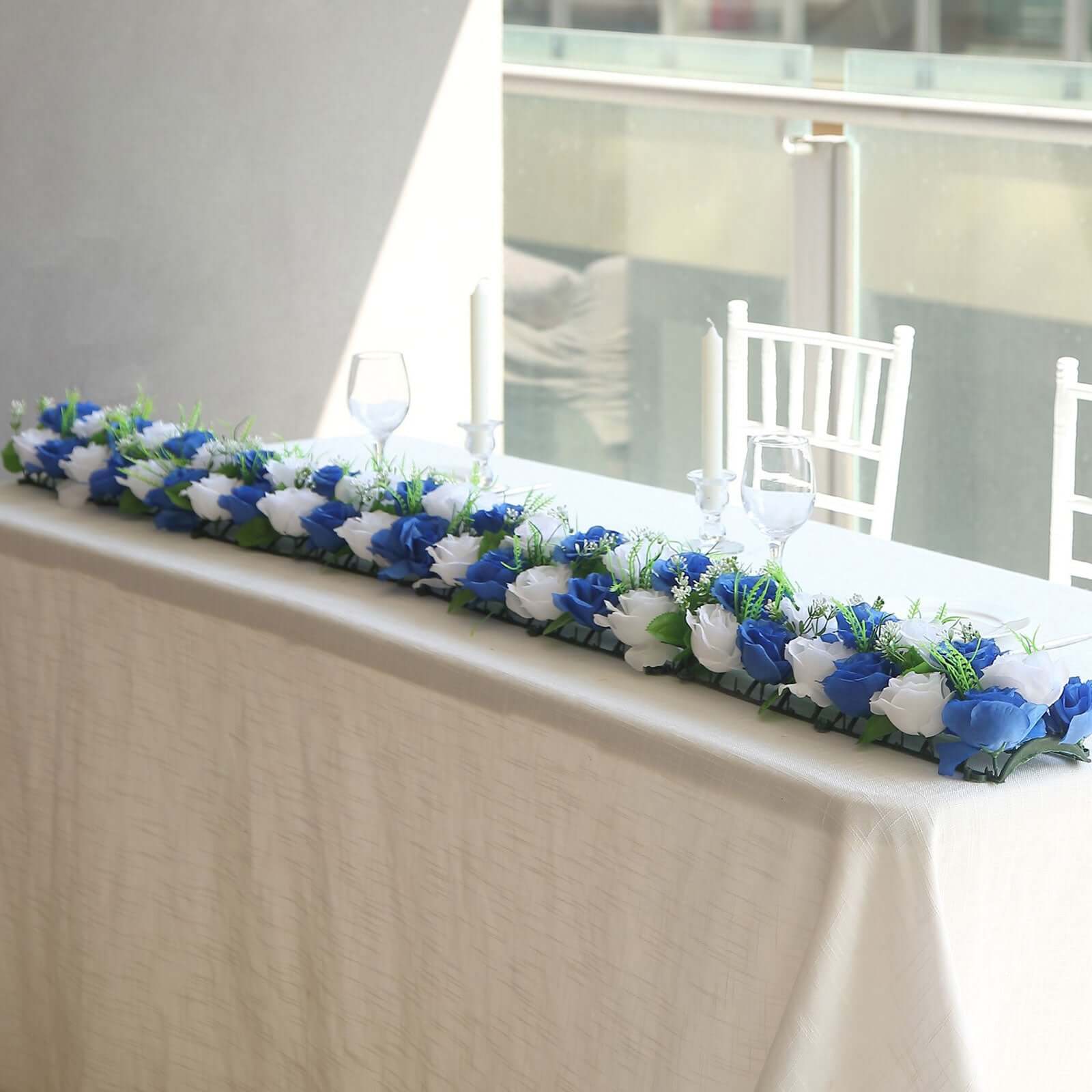 6 Pack White Royal Blue Silk Rose Flower Panel Table Runner, Artificial Floral Arrangements Dining Table Decor - 20"x8"